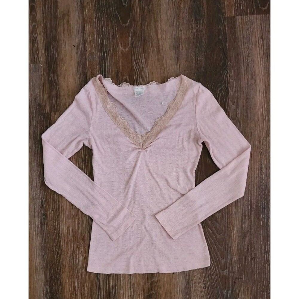 Maurices Women Lace Trim Y2K  Longsleeve Top Sz M Pink Crinkled School 90s Boho